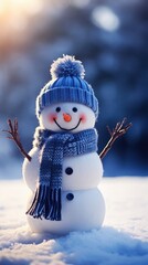 A cute snowman, wearing a knitted hat and scarf, smiles in a snowy landscape
