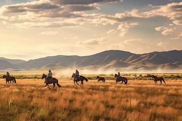 A group of ranchers herding cattle across vast plains - obrazy, fototapety, plakaty