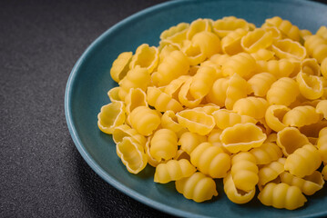 Raw durum wheat gnocchi pasta with salt and spices in a ceramic plate