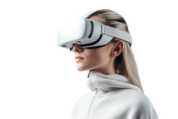 A woman using virtual reality headset. VR, future, gadgets, technology concept Isolated on transparent background.