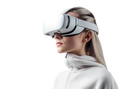 A woman using virtual reality headset. VR, future, gadgets, technology concept Isolated on transparent background.