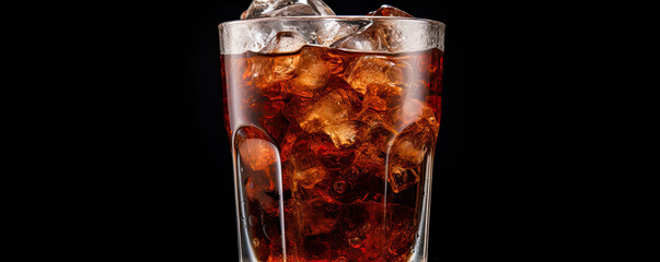 Cool ice with coke in glass on dark background. Cola drink with ice cubes.