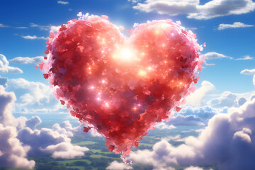 Fototapeta premium Sky background. Vibrant color cloud, blue clouds in park. Sun up in blue heart shape sky Sunny day weather, bright light