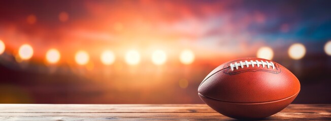 american football  ball isolated on wooden table with blurred  stadium lights in the background,...