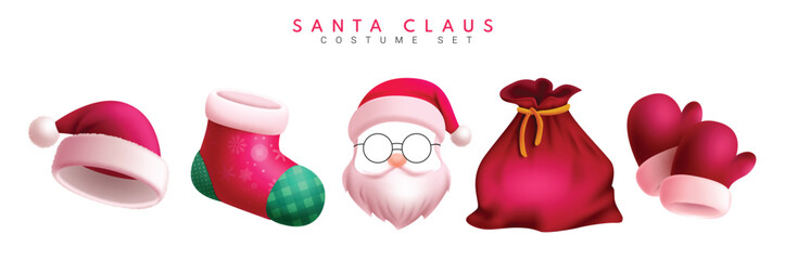 Christmas santa claus costume vector set. Santa claus christmas character costume collection like socks, hat, beard, sacks and gloves elements in white background. Vector illustration xmas santa 