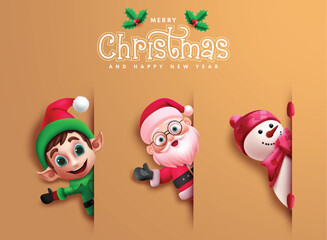 Christmas characters vector design. Merry christmas and happy new year greeting card with santa claus, reindeer and snowman cute smiling characters in elegant background. Vector illustration xmas 