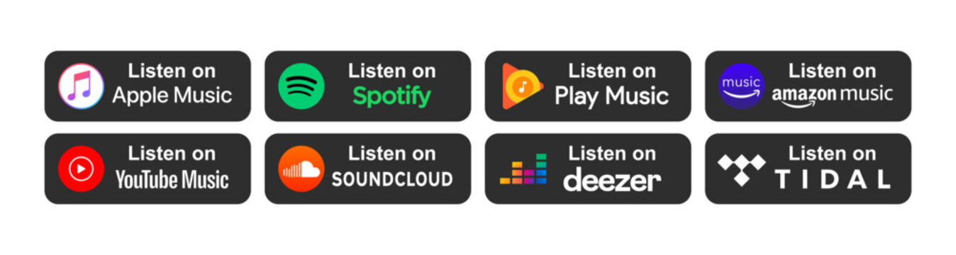 Listen on popular services icons. Listen on Apple Music, Spotify, Play, Amazon, YouTube, SoundCloud, Deezer, Tidal buttons. Listen on buttons. Editorial color popular music services. Vector icons
