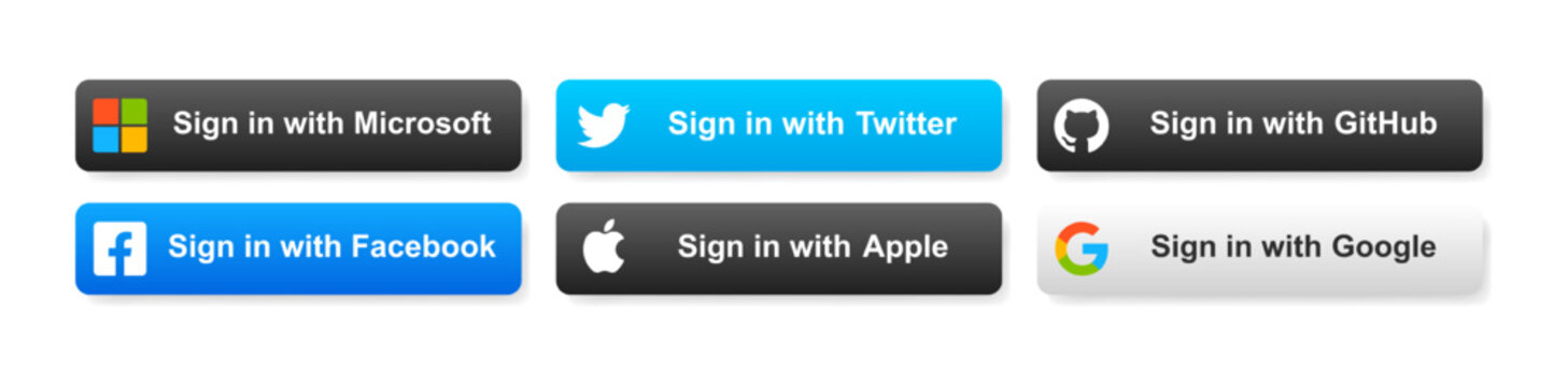 Sign in with buttons. Editorial isolated login methods icons. Sign in with Microsoft, Twitter, GitHub, Facebook, Apple, Google color buttons. Vector icons