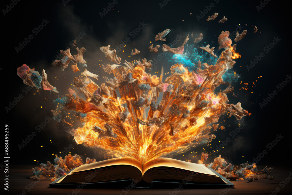 Poster a burst of creativity exploding from an open book, where words and phrases transform into imaginativ