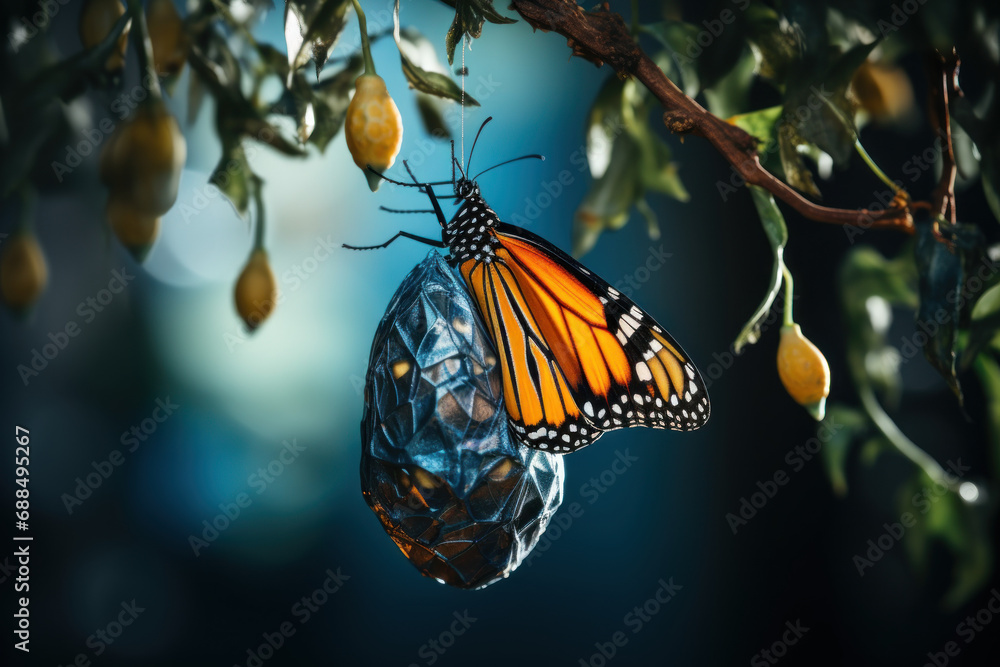 Aufkleber A butterfly emerging from a cocoon, symbolizing the transformative nature of innovative ideas. Concept of metamorphic creativity. Generative Ai.