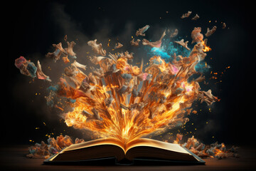 A burst of creativity exploding from an open book, where words and phrases transform into imaginative concepts. Concept of literary inspiration. Generative Ai.