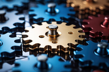 A jigsaw puzzle of interconnected gears, representing the collaborative synergy needed for groundbreaking ideas. Concept of teamwork in innovation. Generative Ai.