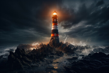 A lighthouse beaming light into the darkness, symbolizing the guiding force of a brilliant idea in a sea of uncertainty. Concept of illuminating ideas. Generative Ai. - Powered by Adobe