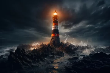 Foto op Aluminium A lighthouse beaming light into the darkness, symbolizing the guiding force of a brilliant idea in a sea of uncertainty. Concept of illuminating ideas. Generative Ai. © Sebastian