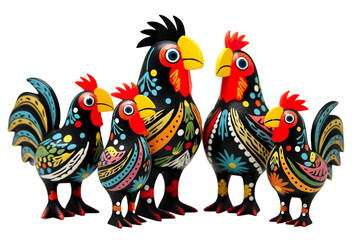 Fototapeta premium 12 animal designations PNG: a figurine of a lovely chicken family, Very cute with colorful designs, Chinese traditional folk mud dog art style, in the style of woodcarvings