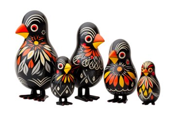 12 animal designations PNG: a figurine of a lovely chicken family, Very cute with colorful designs, Chinese traditional folk mud dog art style, in the style of woodcarvings