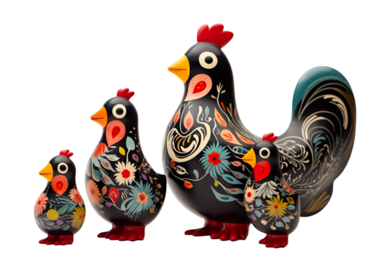 12 animal designations PNG: a figurine of a lovely chicken family, Very cute with colorful designs, Chinese traditional folk mud dog art style, in the style of woodcarvings