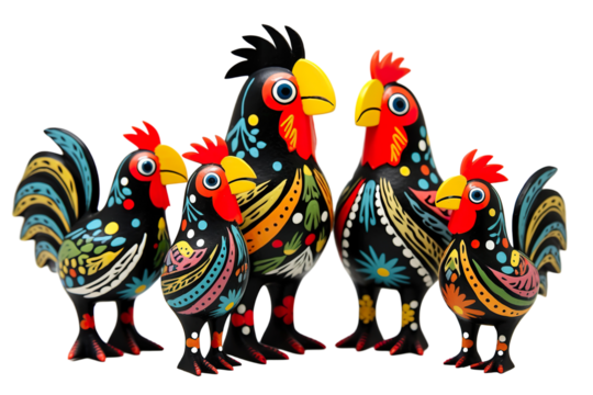 12 animal designations PNG: a figurine of a lovely chicken family, Very cute with colorful designs, Chinese traditional folk mud dog art style, in the style of woodcarvings
