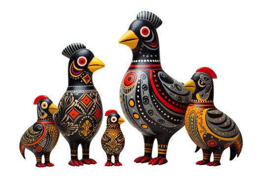 12 animal designations PNG: a figurine of a lovely chicken family, Very cute with colorful designs, Chinese traditional folk mud dog art style, in the style of woodcarvings