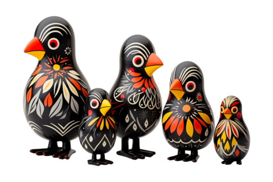 12 animal designations PNG: a figurine of a lovely chicken family, Very cute with colorful designs, Chinese traditional folk mud dog art style, in the style of woodcarvings