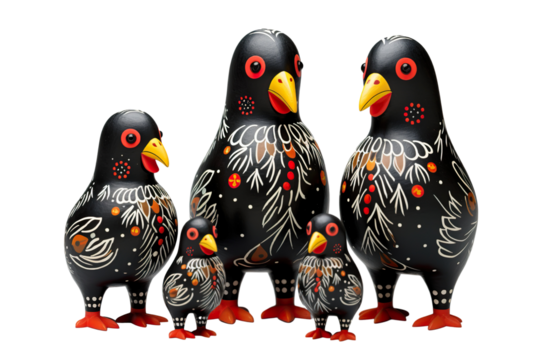 12 animal designations PNG: a figurine of a lovely chicken family, Very cute with colorful designs, Chinese traditional folk mud dog art style, in the style of woodcarvings
