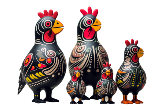 12 animal designations PNG: a figurine of a lovely chicken family, Very cute with colorful designs, Chinese traditional folk mud dog art style, in the style of woodcarvings