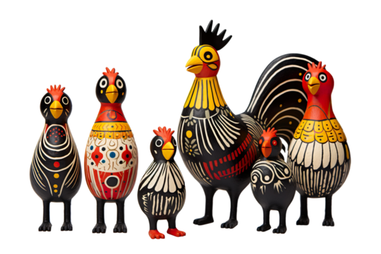 12 animal designations PNG: a figurine of a lovely chicken family, Very cute with colorful designs, Chinese traditional folk mud dog art style, in the style of woodcarvings