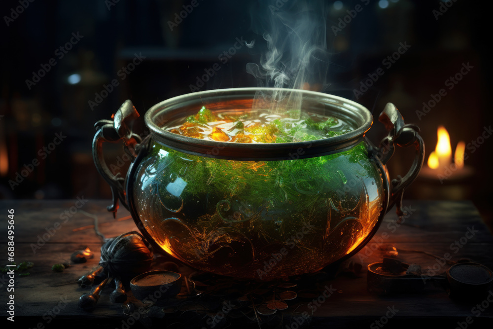 Poster a potion brewing in a cauldron, with each ingredient symbolizing a key element in the concoction of 