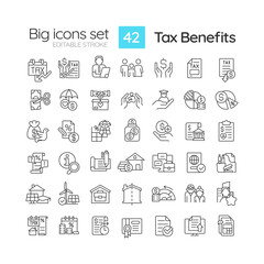 Tax benefits linear icons set. Fiscal policy. Governmental incentives. Financial planning. Tax relief. Customizable thin line symbols. Isolated vector outline illustrations. Editable stroke - obrazy, fototapety, plakaty