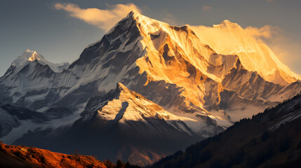 A mountain peak, with an expansive mountain range as the background, during a breathtaking sunrise