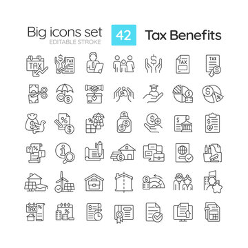 Tax benefits linear icons set. Fiscal policy. Governmental incentives. Financial planning. Tax relief. Customizable thin line symbols. Isolated vector outline illustrations. Editable stroke