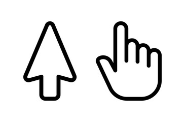 Cursor icons. Outline, arrow and finger cursors, tap design. Vector icons