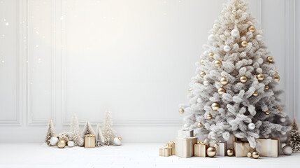 Enveloped in Ethereal Whiteness: A Winter's Tale of White Christmas Trees, Glistening Balls, and Gift Boxes on a Snowy Canvas of Pure Elegance