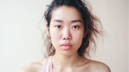 Authenticity is highlighted in the closeup portrait of an Asian woman with imperfect skin.