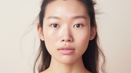 Naklejka premium An Asian woman's closeup reveals authenticity through her imperfect skin.