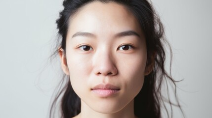 Fototapeta premium The camera captures the realness of an Asian woman's face, showcasing imperfections.