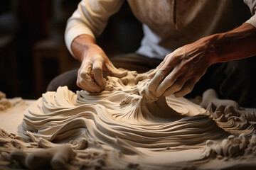 A sculptor molding clay with intuitive hands, shaping abstract forms that evoke emotion and...