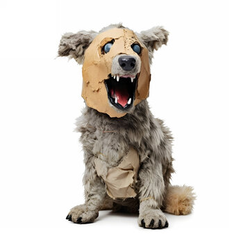 Wolf made of fur, mad crazy single crooked hideous waste ugly defective, raw, ragged, isolated on white