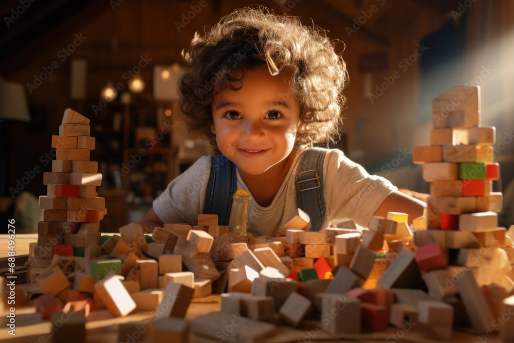 Poster a child building imaginative worlds with blocks, exploring the limitless possibilities of play. conc