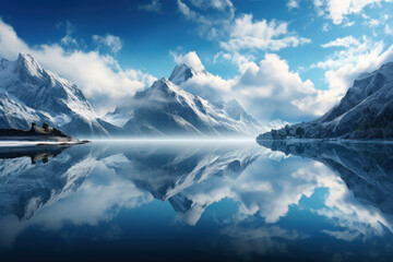 A mirrored lake reflecting a mountainous landscape, capturing the serenity and symmetry that defines natural beauty. Concept of tranquil reflections. Generative Ai. - obrazy, fototapety, plakaty