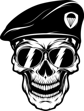 military skulls. Skull in paratrooper beret. Skull in soldier helmet.  Design element for logo, label, emblem, sign, brand mark, poster, t-shirt print. Vector illustration.