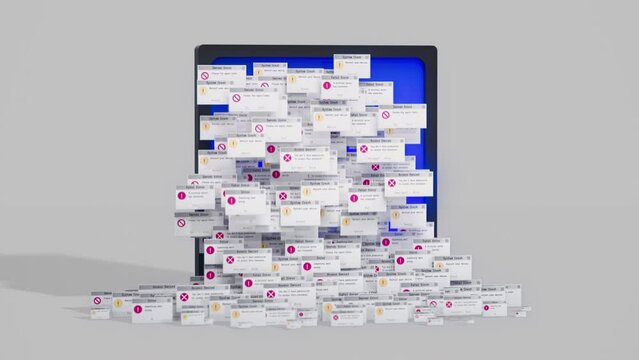 System error failure PC interface abstract animation. Error message window alert popups fall out of the blue monitor screen. Motion graphics.