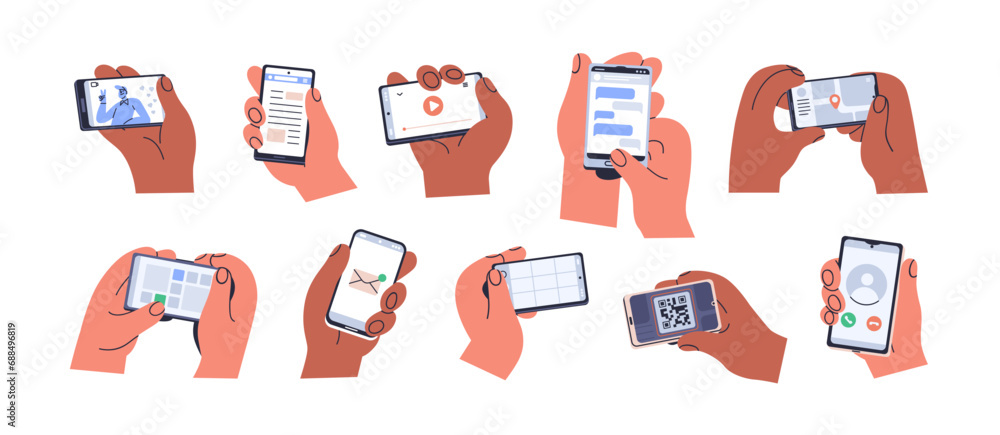 Poster mobile phones in hands, using apps. holding smartphones with applications on screens, reading online