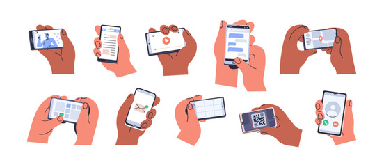 Mobile phones in hands, using apps. Holding smartphones with applications on screens, reading online, watching video,texting messages, calling. Flat vector illustrations isolated on white background