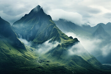 A mountain range shrouded in mist, unveiling peaks and valleys in a mystical display of nature's enigmatic beauty. Concept of misty mountain allure. Generative Ai.