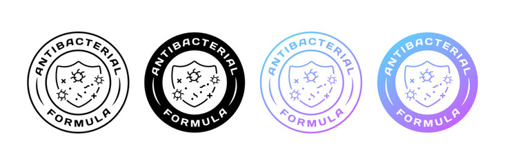 Antibacterial formula stickers. Different styles, bacteria inside the shield, antibacterial formula icons. Vector icons