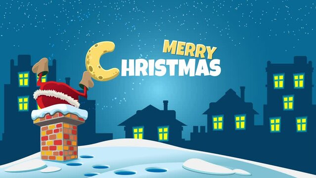 Funny Santa Claus got stuck in the chimney. It's snowing, the lights are on in the houses. Behind is a surprised cute deer.