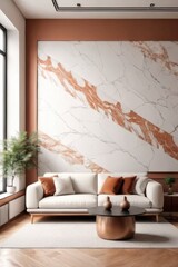 White sofa against terra cotta marble stone paneling wall with copy space. Minimalist home interior design of modern living room.
