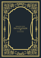 Gold ornament on dark background. Can be used as invitation card. Book cover. Vector illustration. Hand drawn illustration