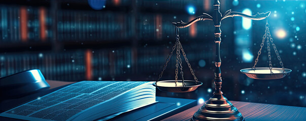 Lawyers and judges future modren design. scales of justice on futurisctic background. - obrazy, fototapety, plakaty